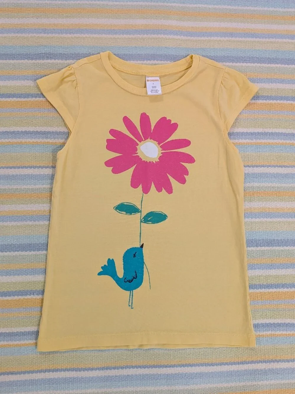 Girl's Gymboree Yellow top with Pink Flower and Green Bird size 8